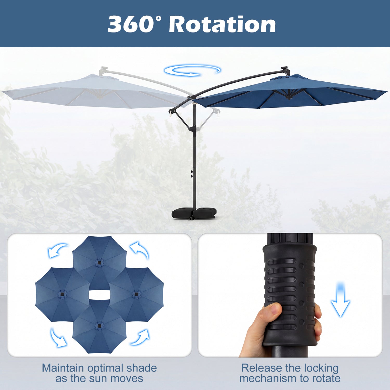 10 FT Solar LED Offset Cantilever Patio Umbrella, Navy Outdoor Umbrellas at Gallery Canada