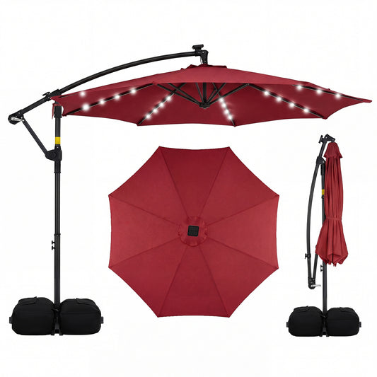 10 FT Solar LED Offset Cantilever Patio Umbrella, Red Outdoor Umbrellas Red at Gallery Canada