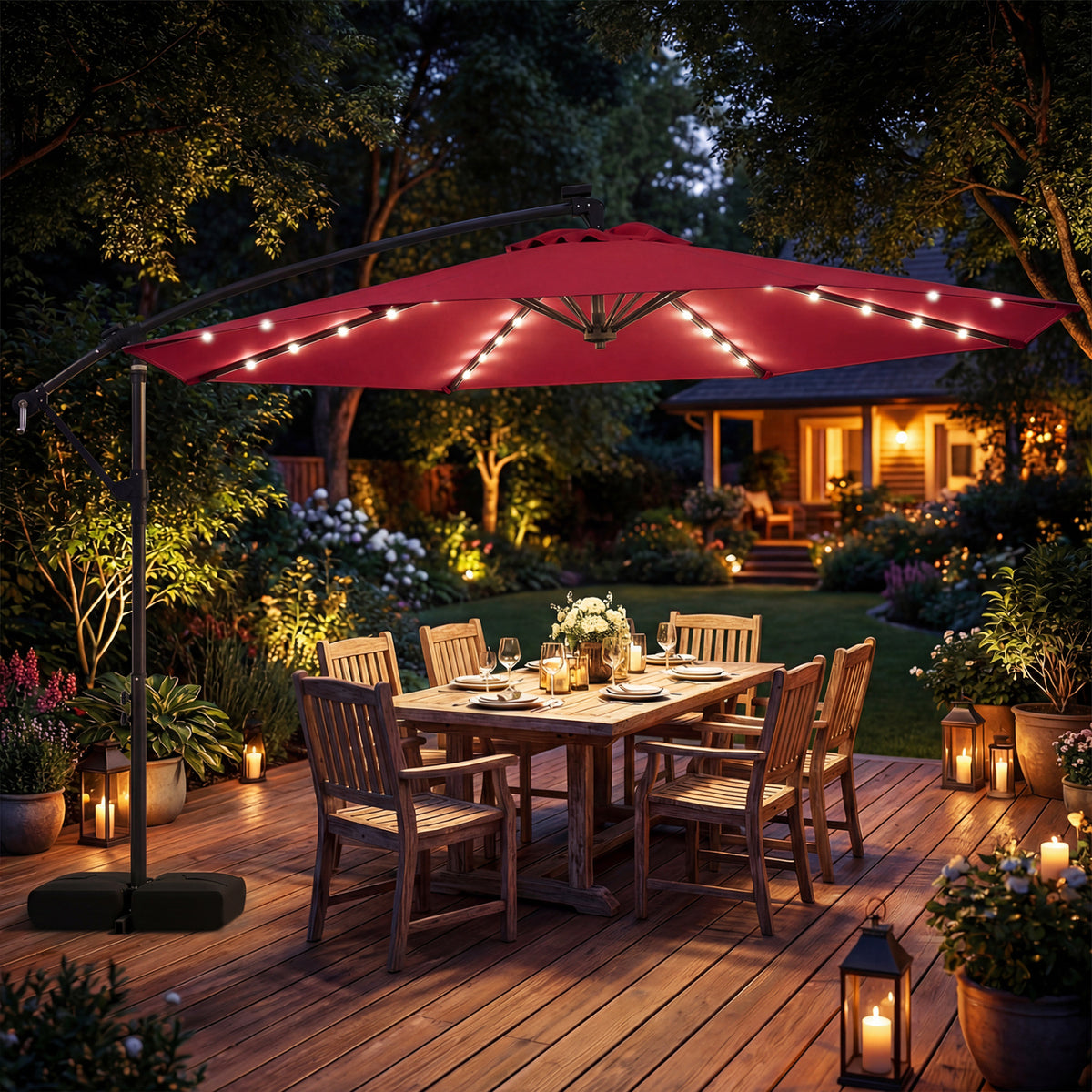 10 FT Solar LED Offset Cantilever Patio Umbrella, Red Outdoor Umbrellas at Gallery Canada