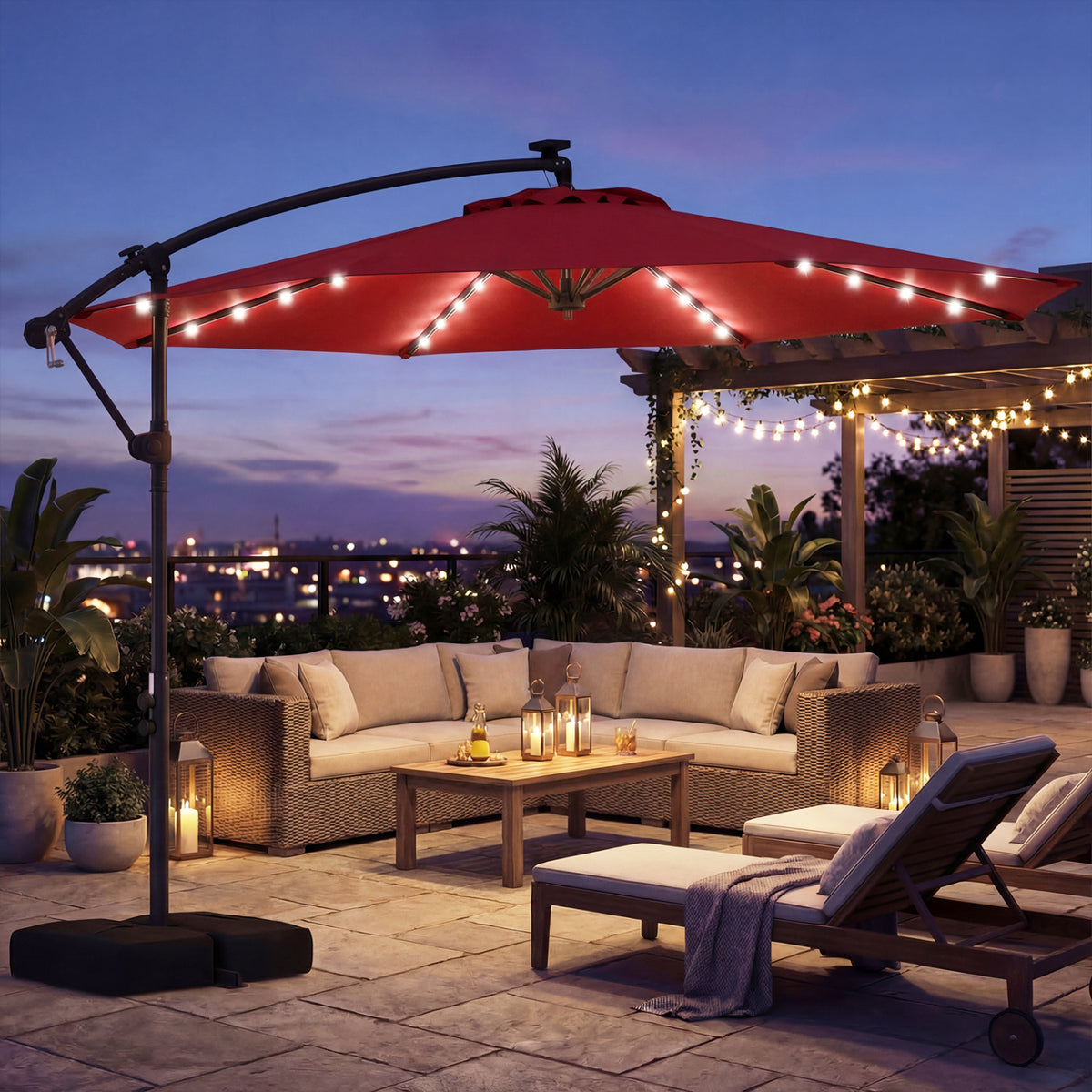 10 FT Solar LED Offset Cantilever Patio Umbrella, Red Outdoor Umbrellas at Gallery Canada