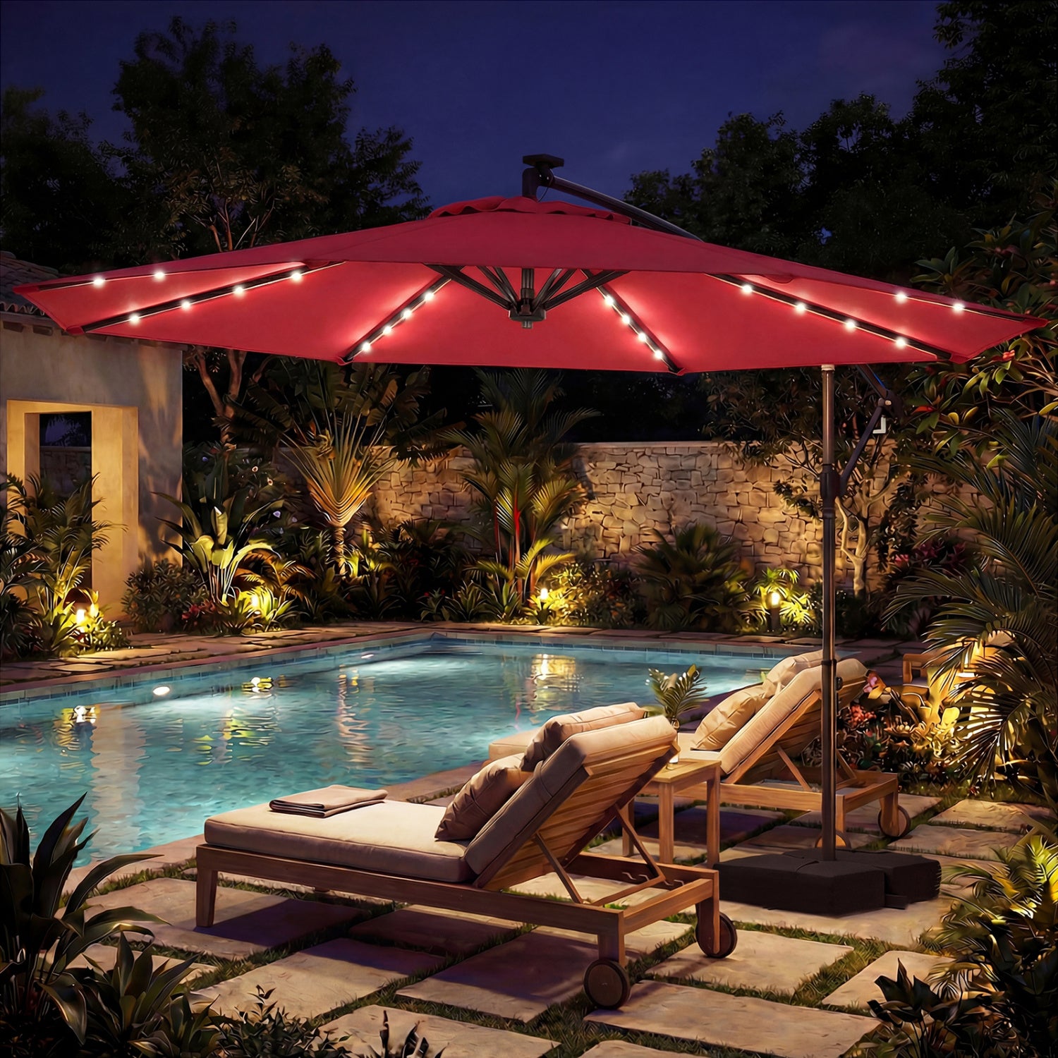 10 FT Solar LED Offset Cantilever Patio Umbrella, Red Outdoor Umbrellas at Gallery Canada