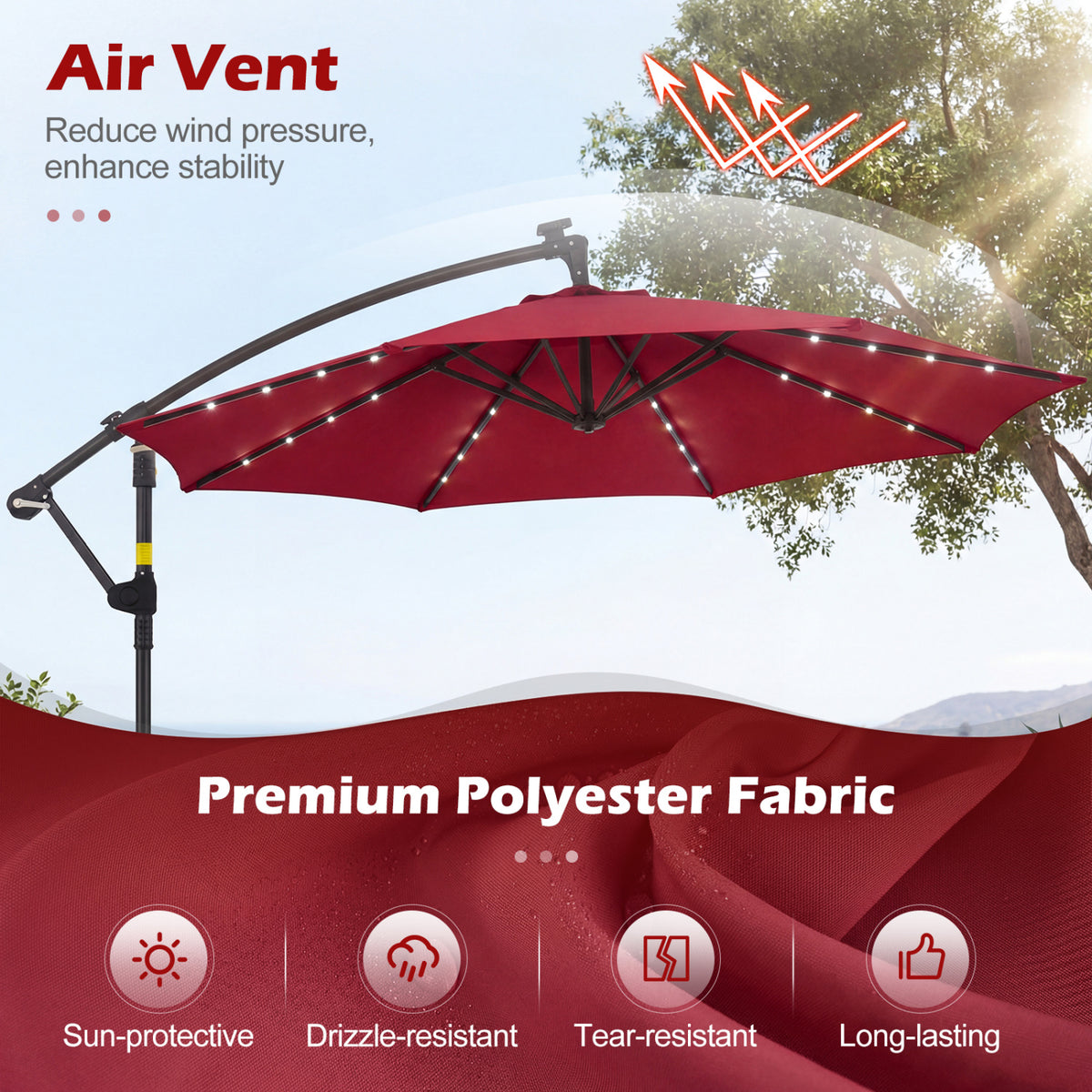 10 FT Solar LED Offset Cantilever Patio Umbrella, Red Outdoor Umbrellas at Gallery Canada