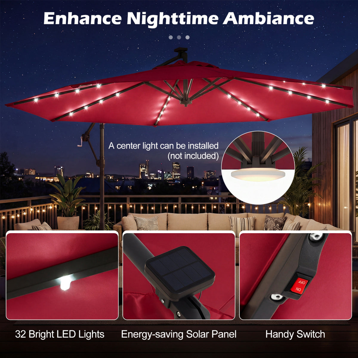 10 FT Solar LED Offset Cantilever Patio Umbrella, Red Outdoor Umbrellas at Gallery Canada