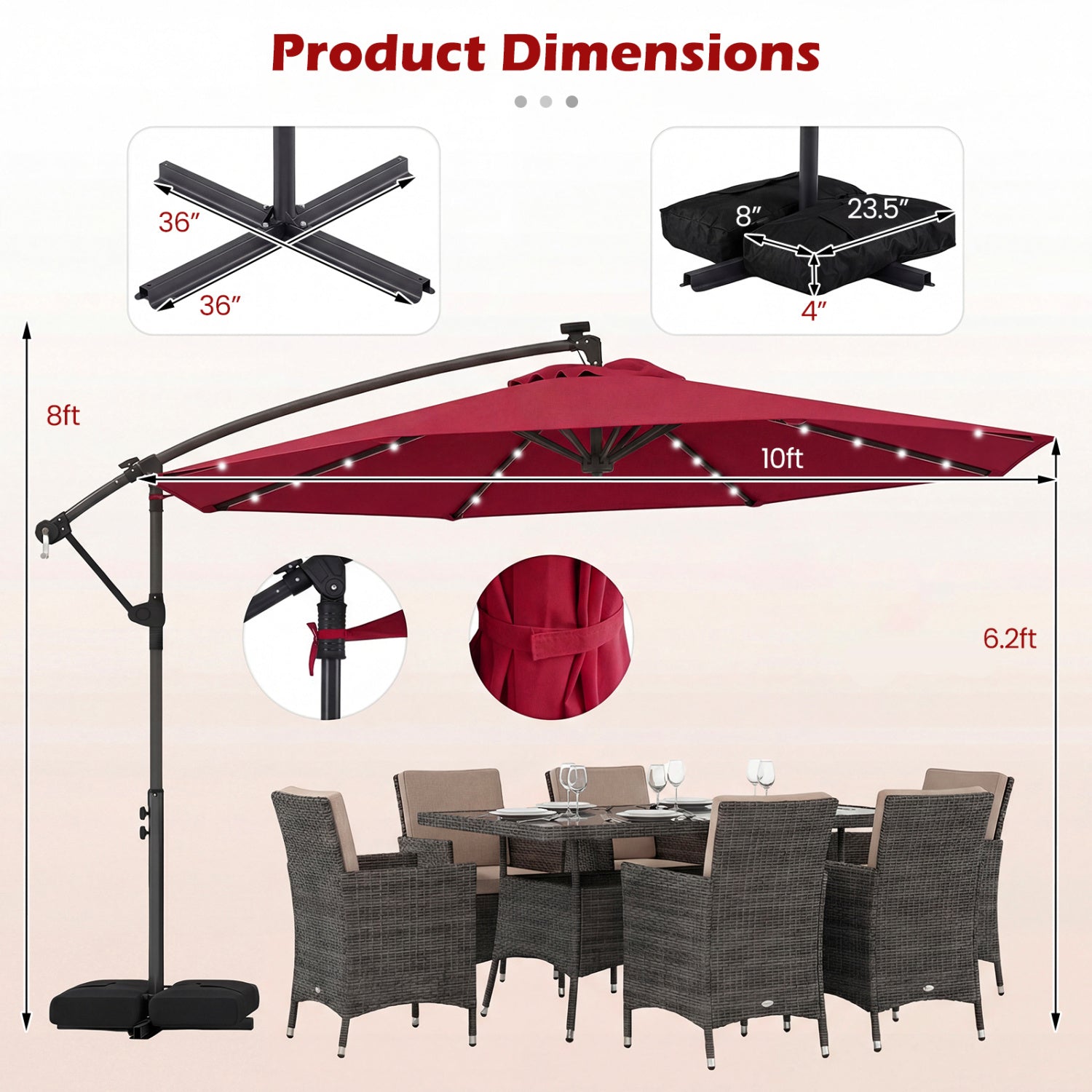 10 FT Solar LED Offset Cantilever Patio Umbrella, Red Outdoor Umbrellas at Gallery Canada