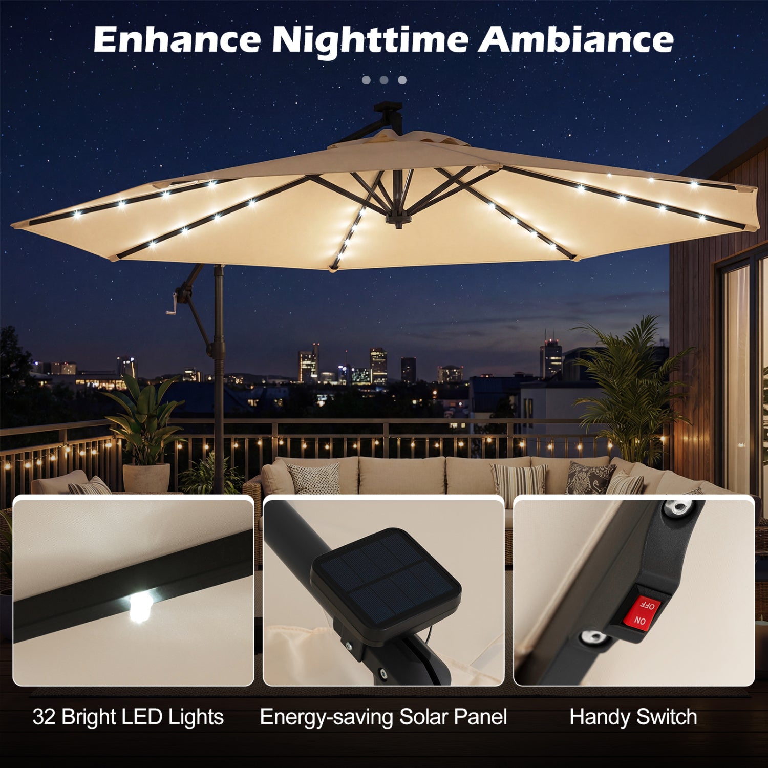 10 FT Solar LED Cantilever Patio Umbrella, Beige Outdoor Umbrellas at Gallery Canada