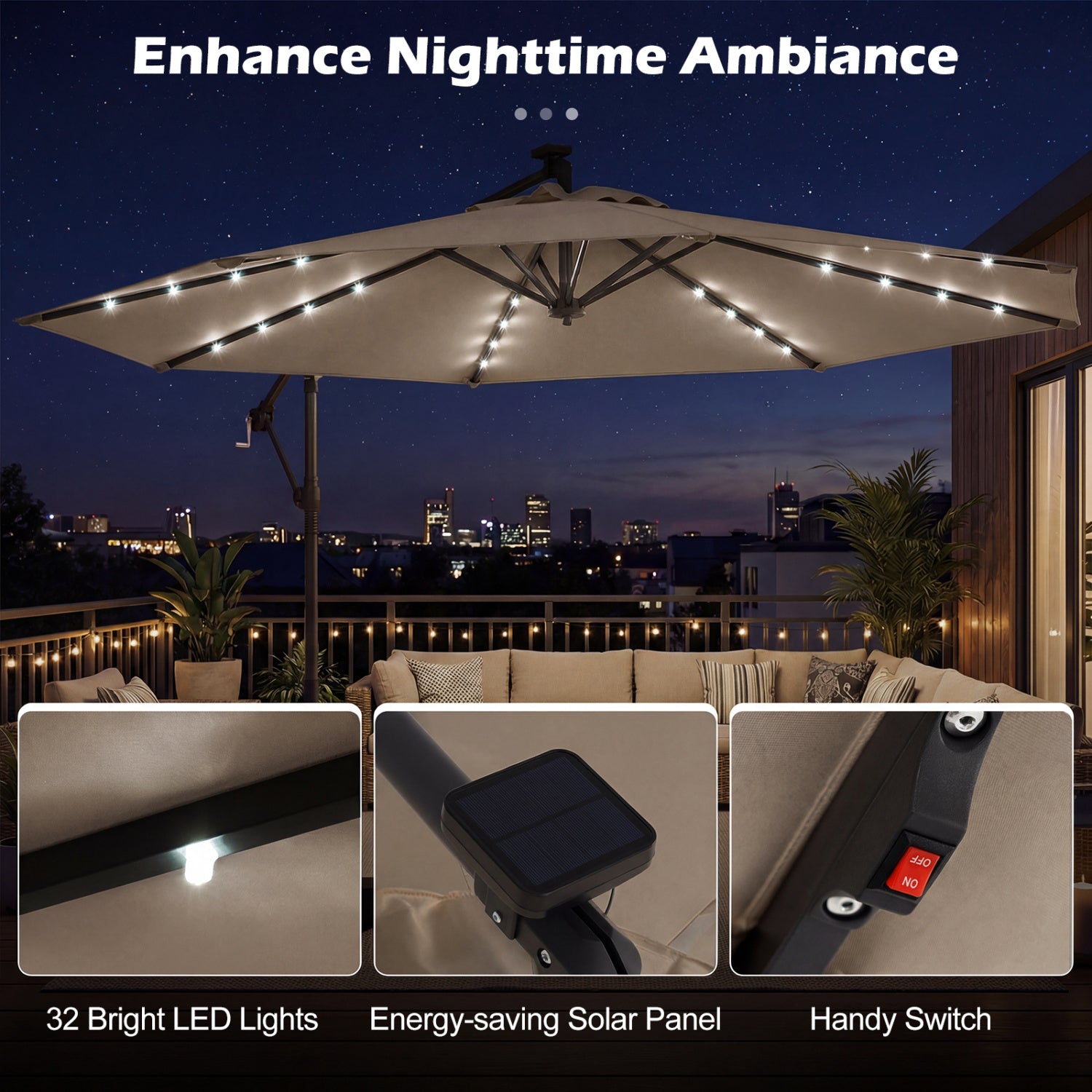 10 FT Solar LED Offset Cantilever Patio Umbrella, Brown Outdoor Umbrellas at Gallery Canada