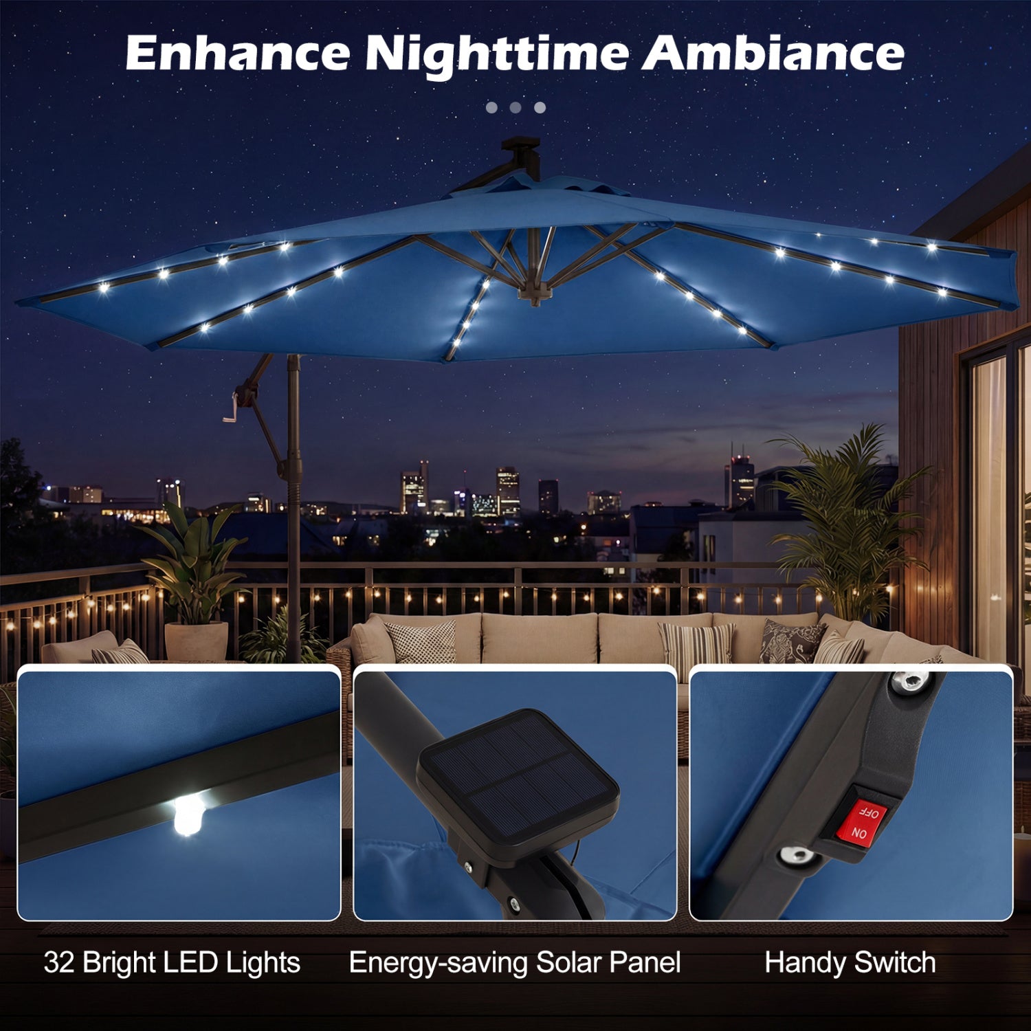 10 FT Solar LED Offset Cantilever Patio Umbrella, Navy Outdoor Umbrellas at Gallery Canada
