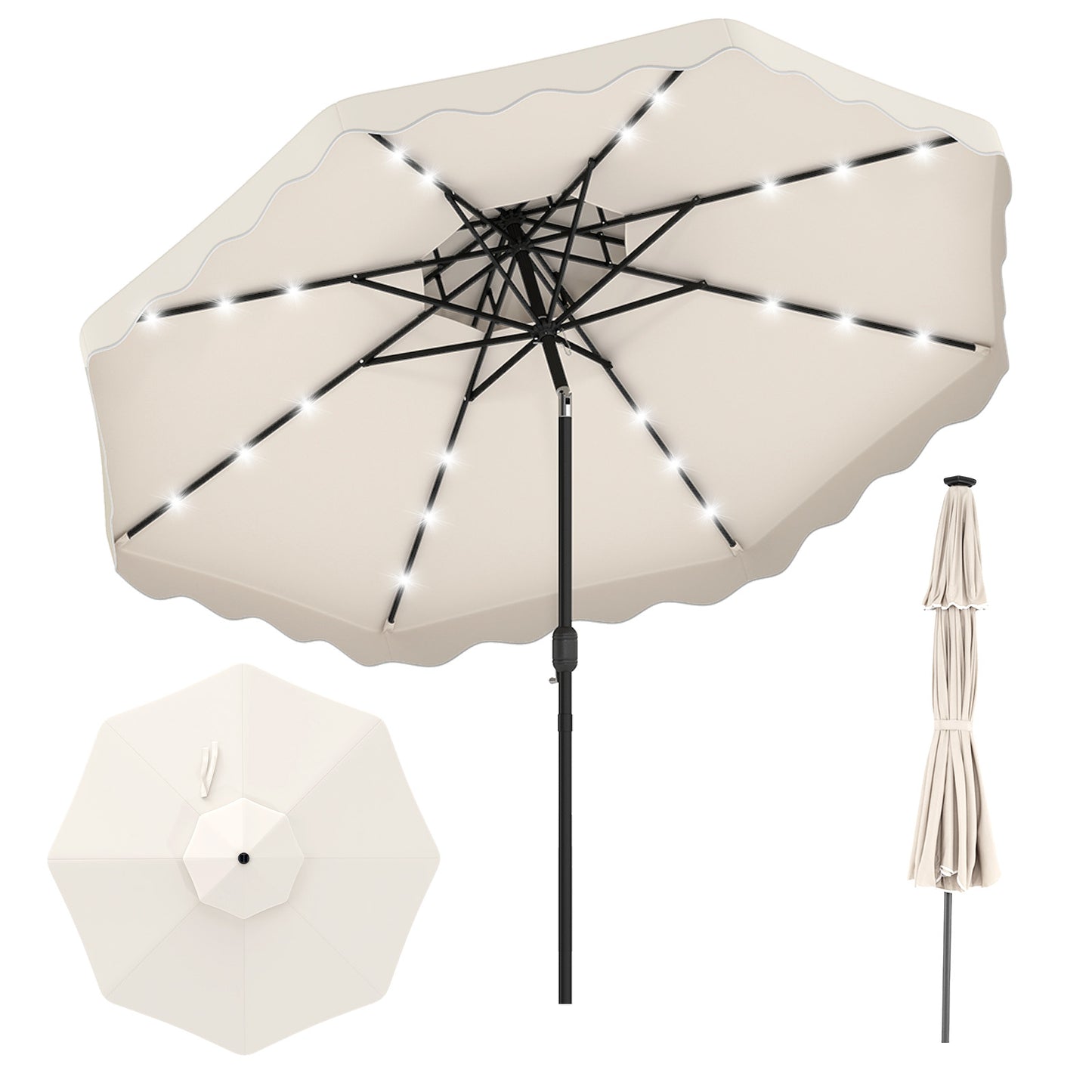 10 FT Solar LED Patio Umbrella, Beige Outdoor Umbrellas Beige at Gallery Canada