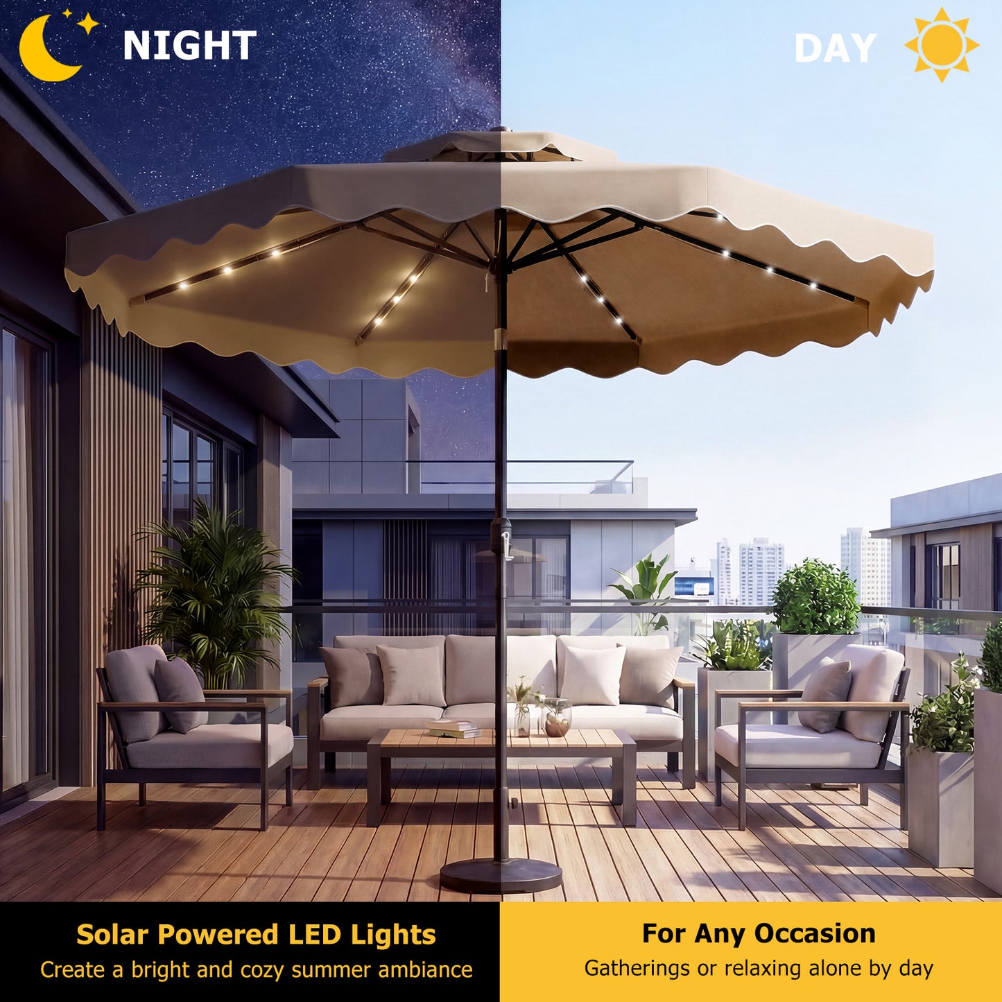 10 FT Solar LED Patio Umbrella, Brown Outdoor Umbrellas at Gallery Canada