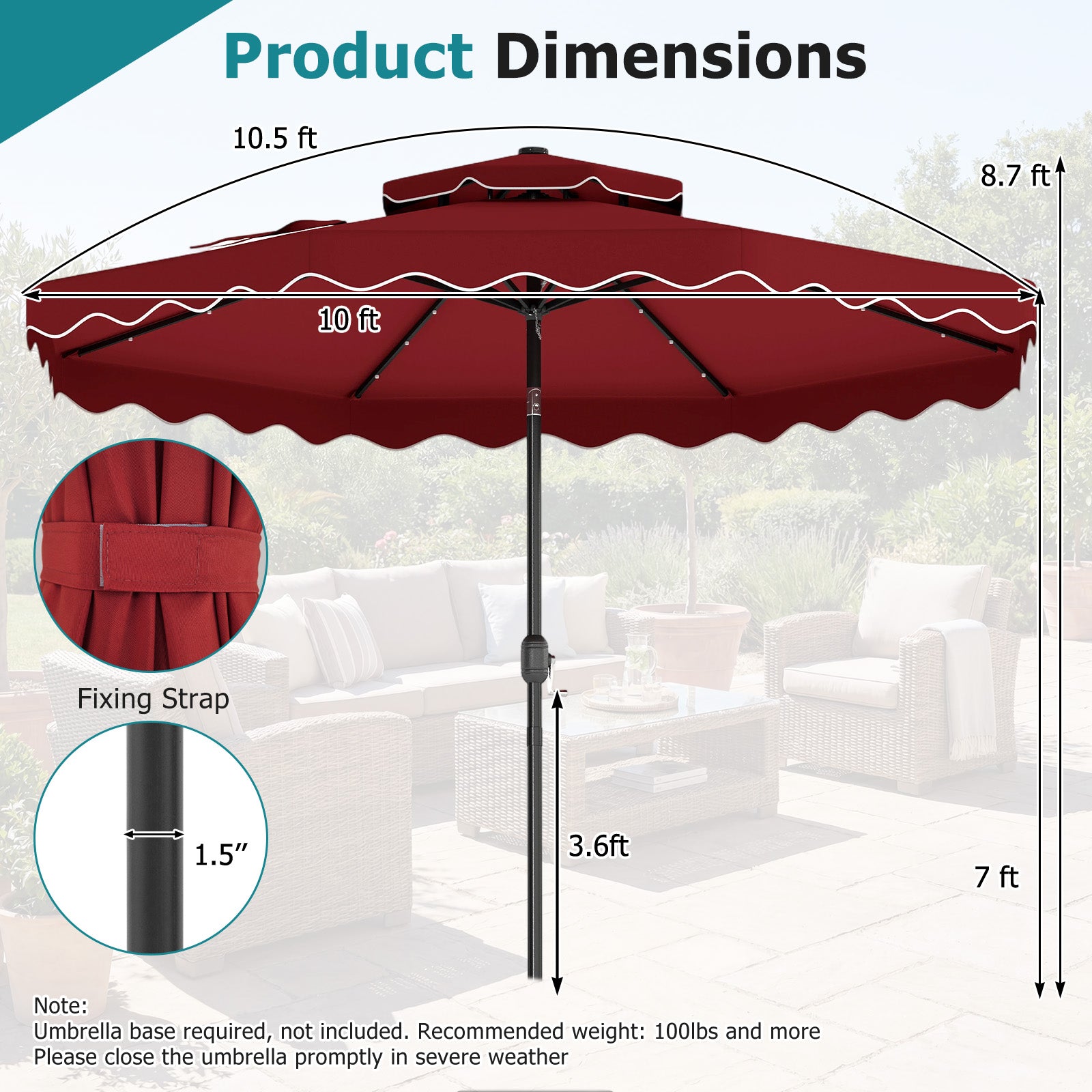 10 FT Solar LED Patio Umbrella, Red Outdoor Umbrellas at Gallery Canada