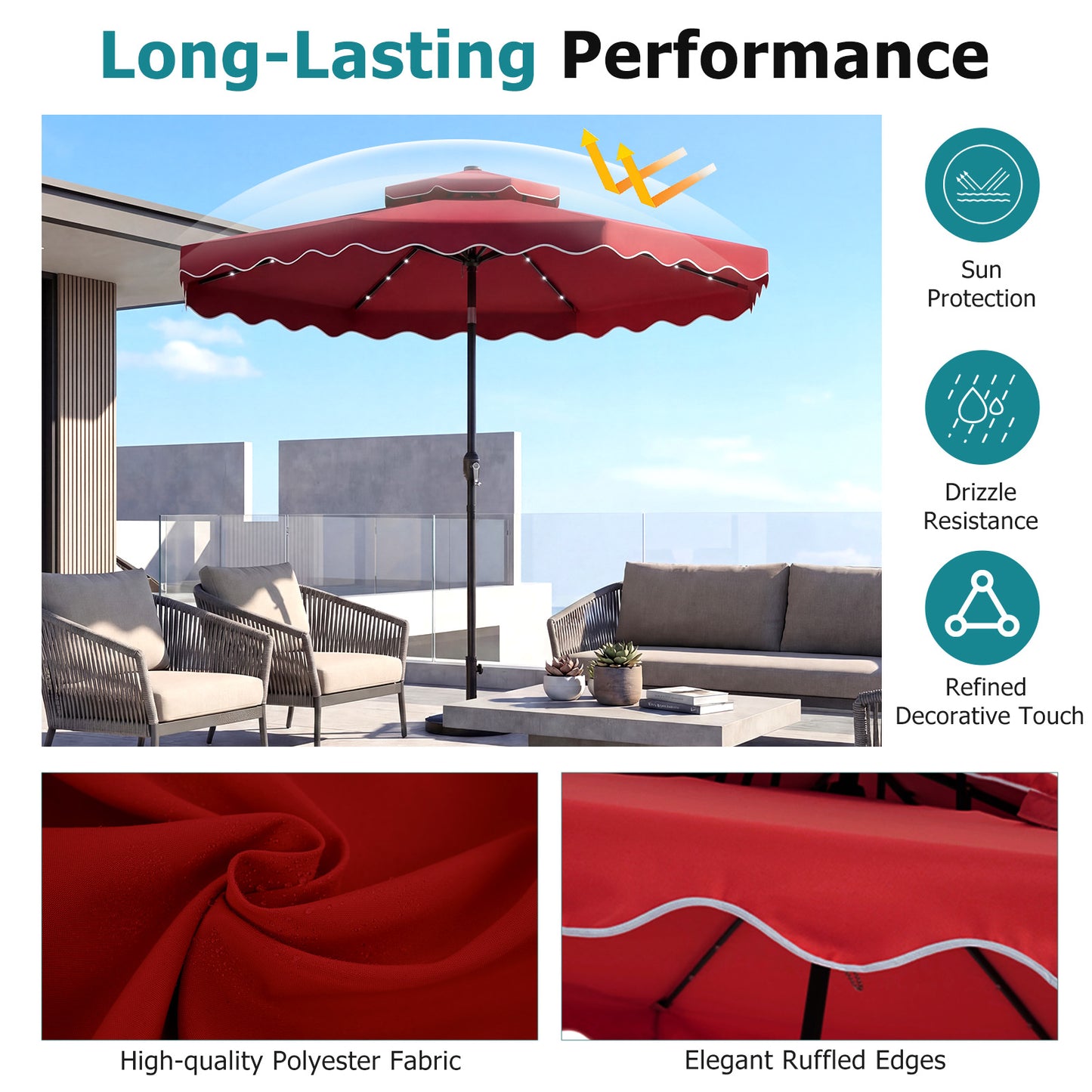 10 FT Solar LED Patio Umbrella, Red Outdoor Umbrellas at Gallery Canada