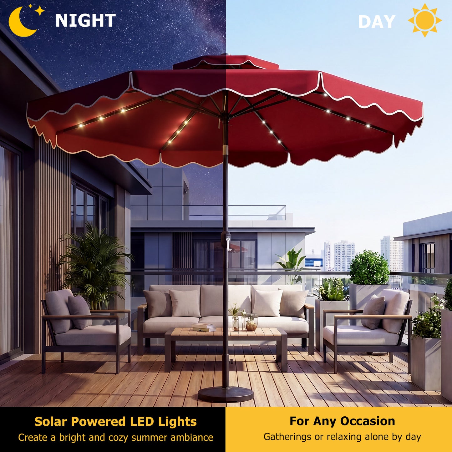10 FT Solar LED Patio Umbrella, Red Outdoor Umbrellas at Gallery Canada