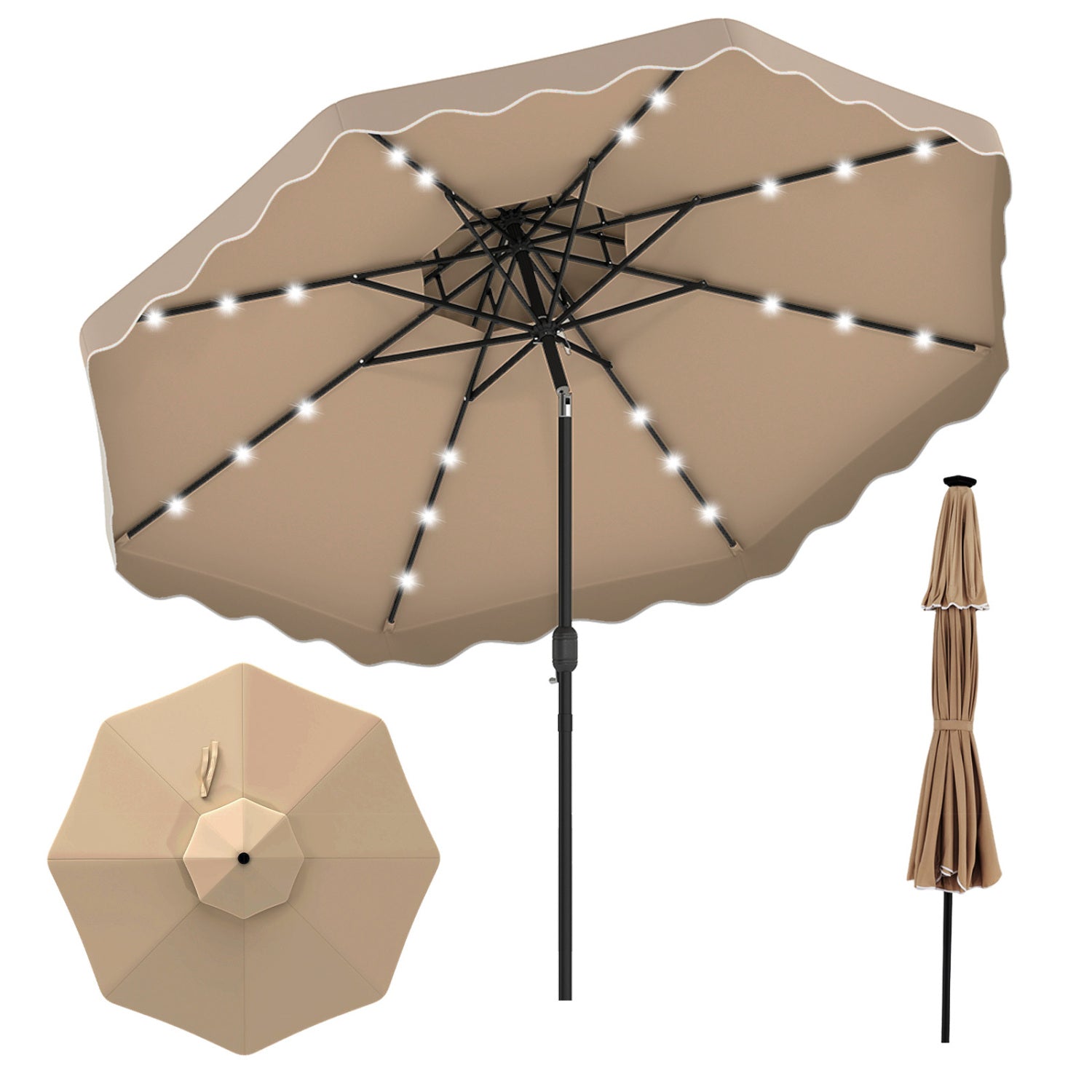 10 FT Solar LED Patio Umbrella, Brown Outdoor Umbrellas Brown at Gallery Canada