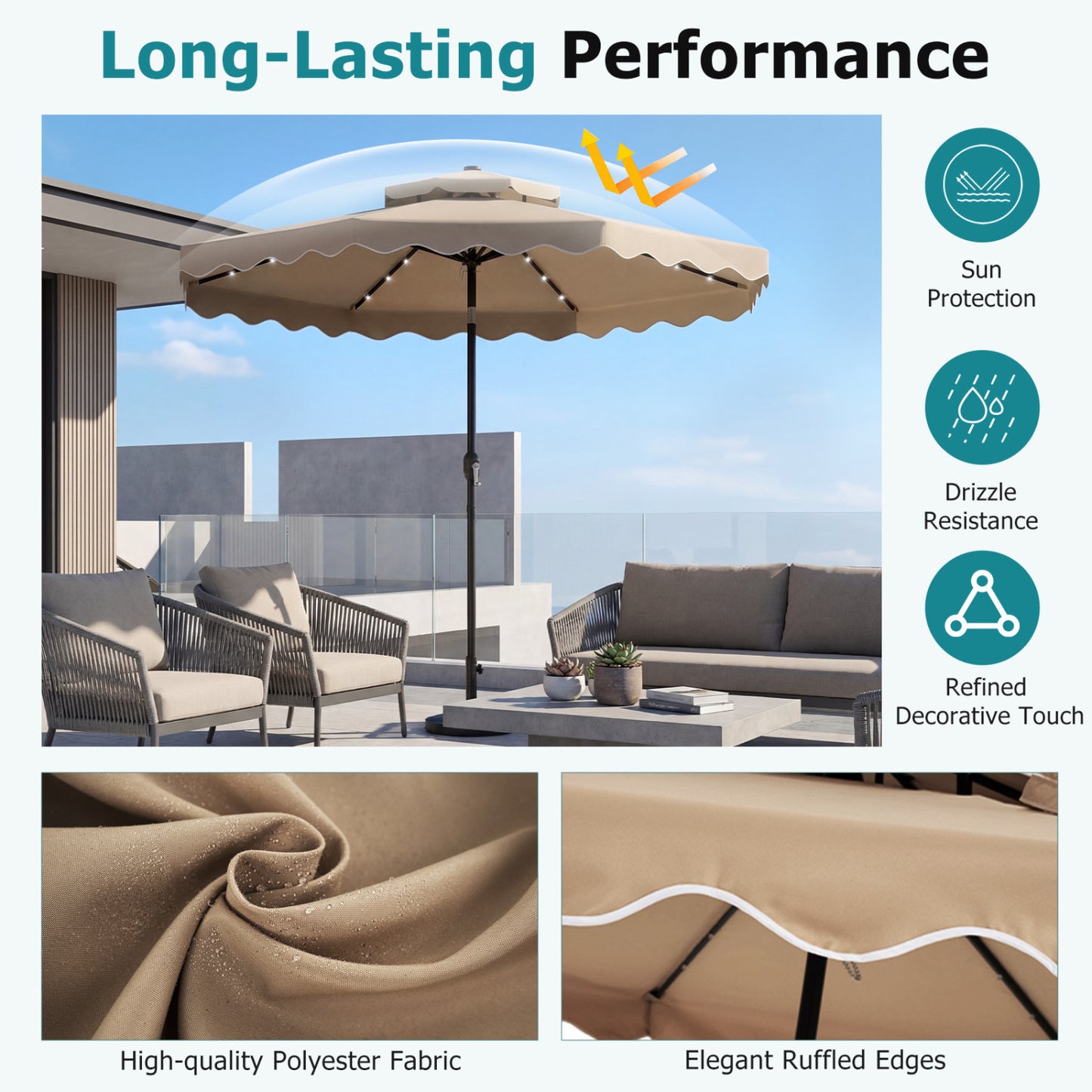 10 FT Solar LED Patio Umbrella, Brown Outdoor Umbrellas at Gallery Canada