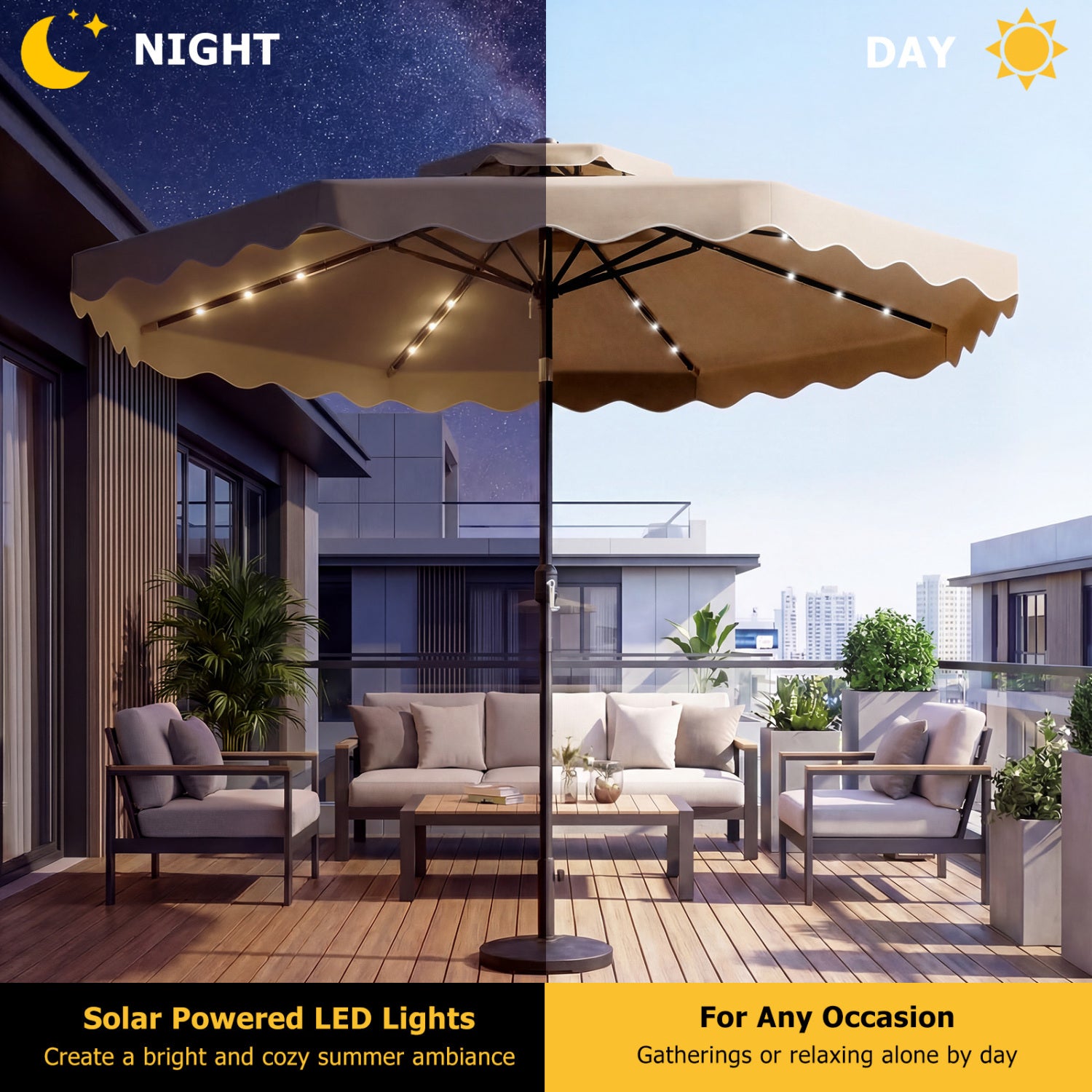 10 FT Solar LED Patio Umbrella, Brown Outdoor Umbrellas at Gallery Canada