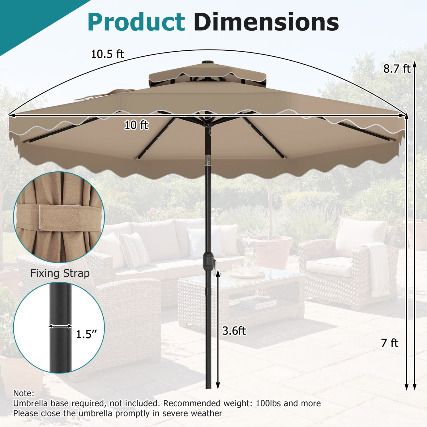 10 FT Solar LED Patio Umbrella, Brown Outdoor Umbrellas at Gallery Canada