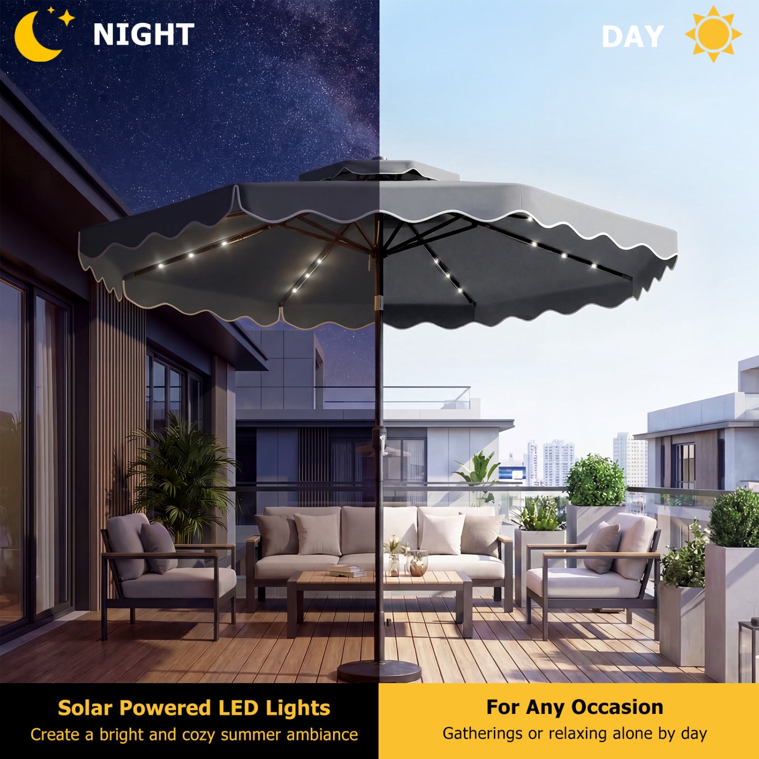 10 FT Solar LED Patio Umbrella, Gray Outdoor Umbrellas at Gallery Canada