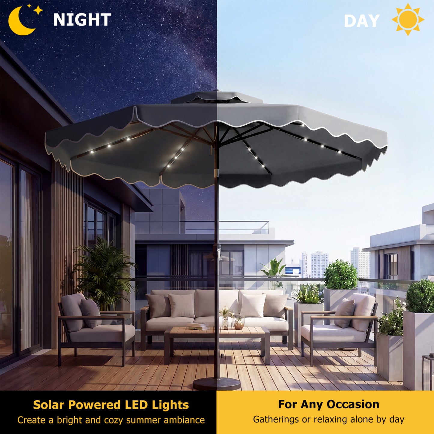 10 FT Solar LED Patio Umbrella, Gray Outdoor Umbrellas at Gallery Canada