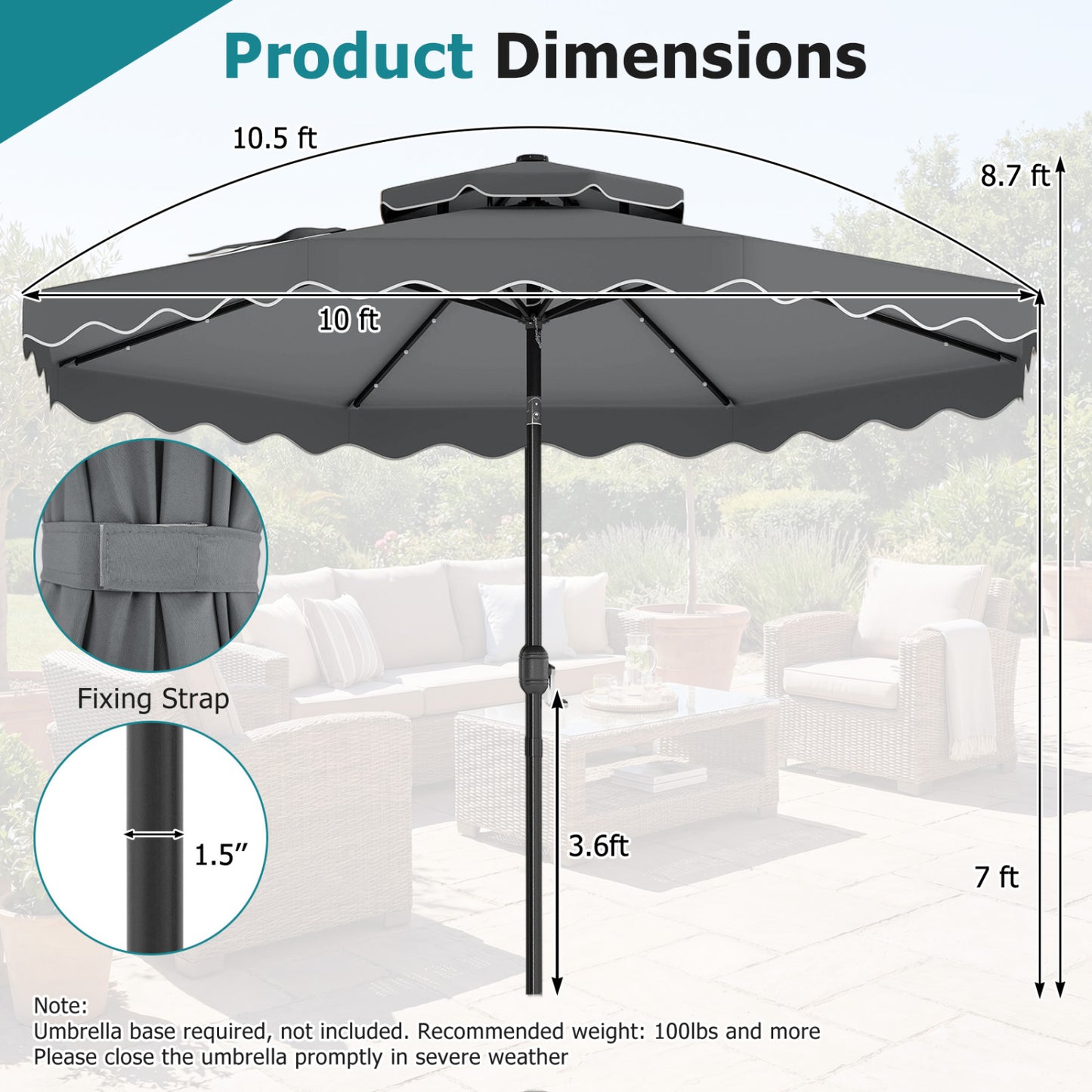 10 FT Solar LED Patio Umbrella, Gray Outdoor Umbrellas at Gallery Canada