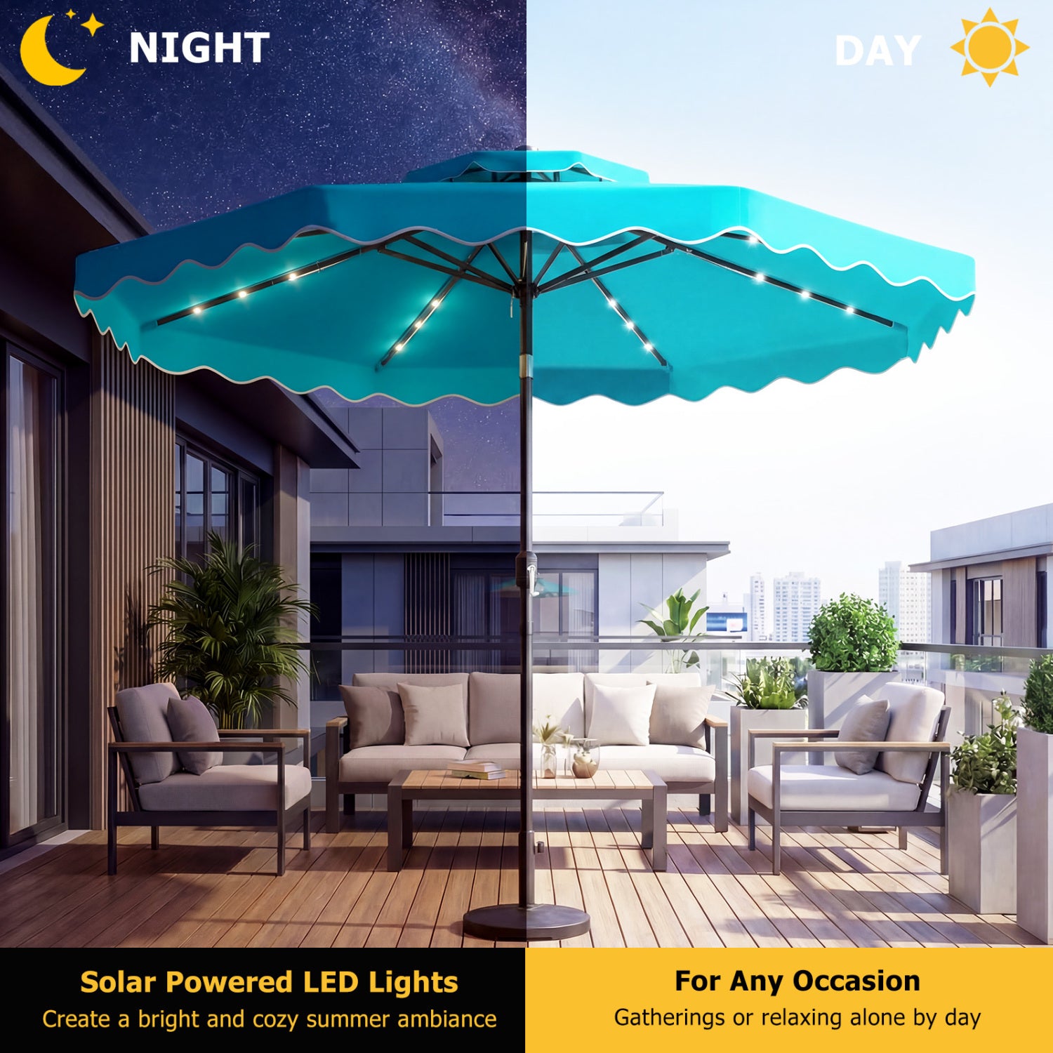 10 FT Solar LED Patio Umbrella, Turquoise Outdoor Umbrellas at Gallery Canada