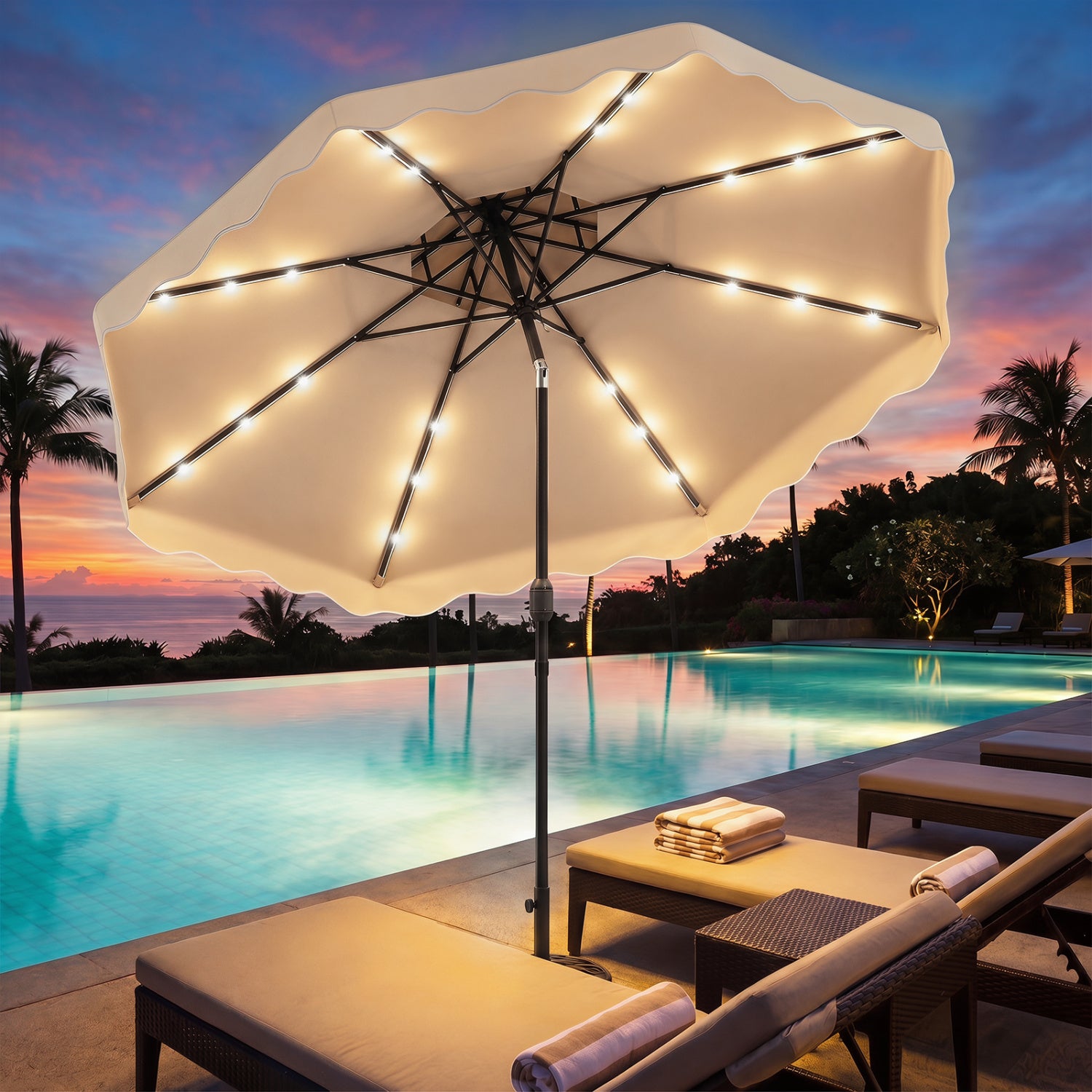 10 FT Solar LED Patio Umbrella, Beige Outdoor Umbrellas at Gallery Canada