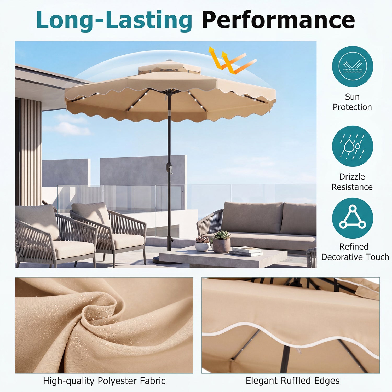 10 FT Solar LED Patio Umbrella, Beige Outdoor Umbrellas at Gallery Canada