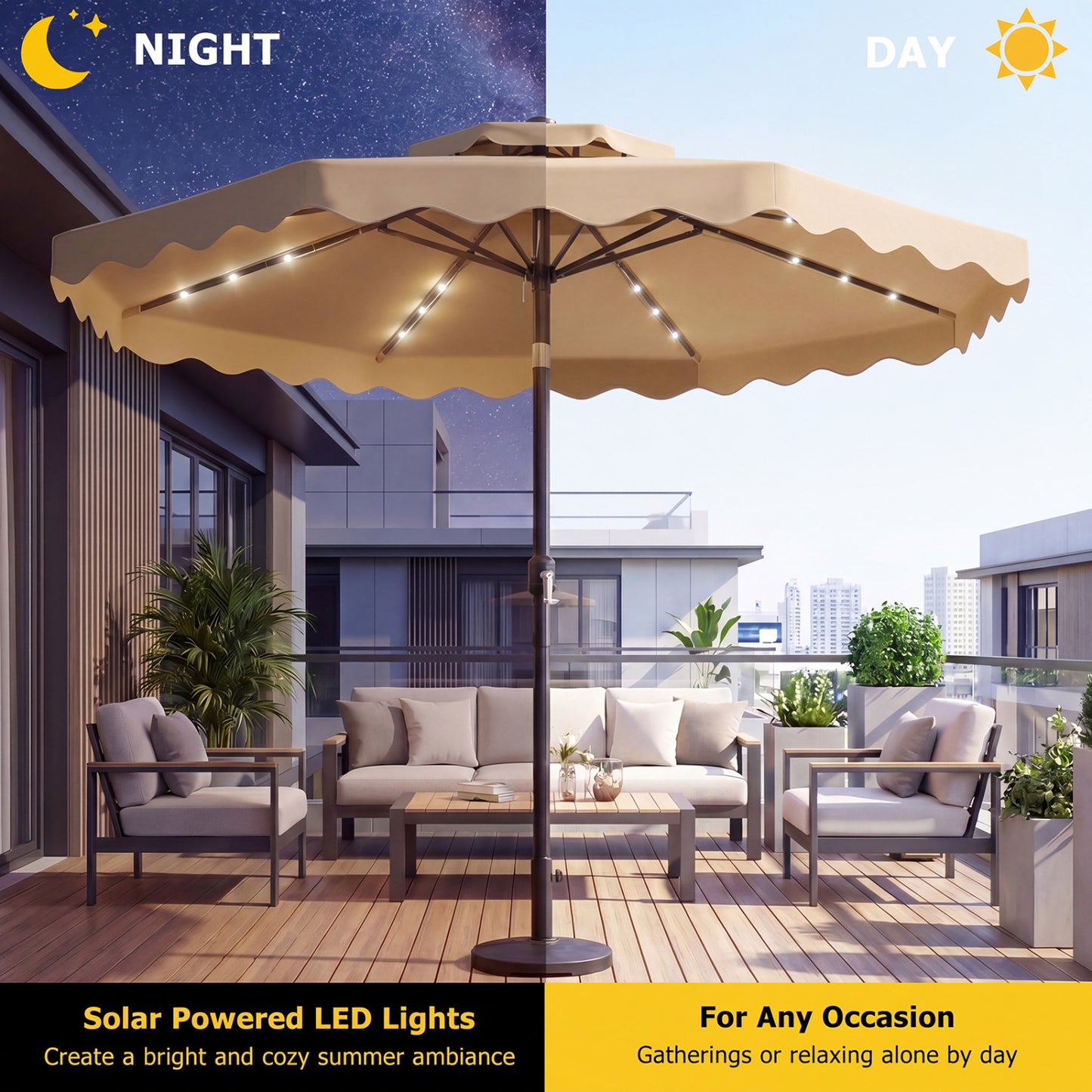 10 FT Solar LED Patio Umbrella, Beige Outdoor Umbrellas at Gallery Canada