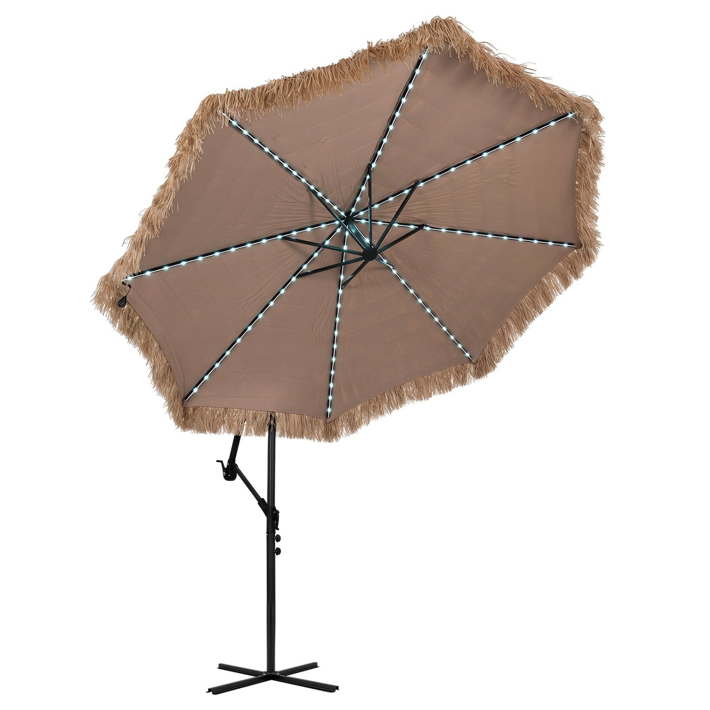 Parapluie de jardin solaire en chaume de 10 pi, lumières multicolores, marron