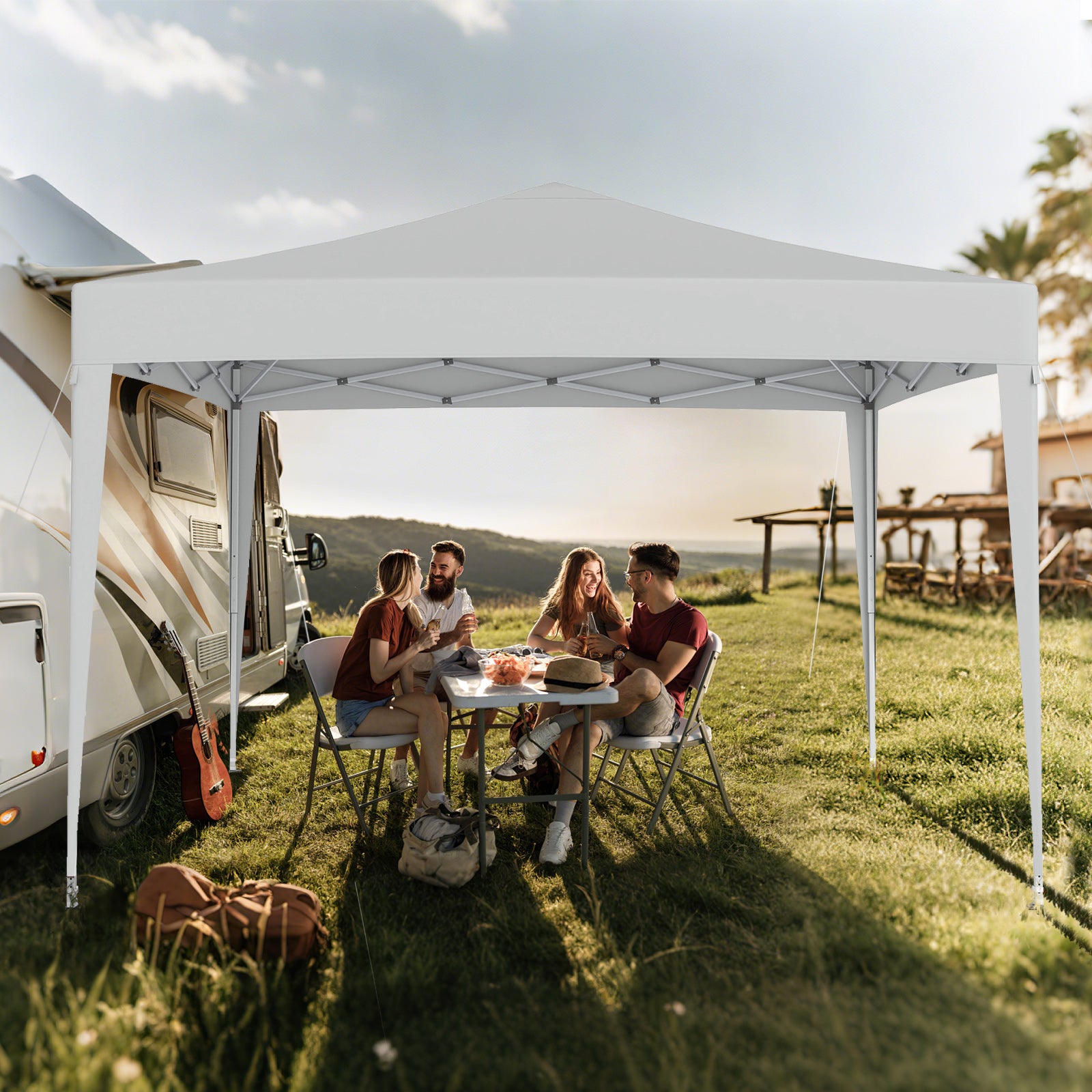 10 FT x 10 FT Pop-Up Canopy Tent, Easy Setup, Mesh Netting, Beige Canopies at Gallery Canada