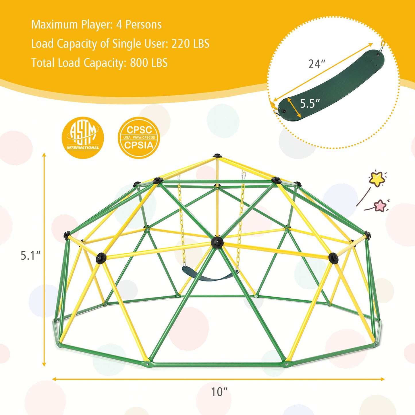 10 Feet Dome Climber With Swing, 800 Lbs Load Capacity, Green Climbers & Slides at Gallery Canada
