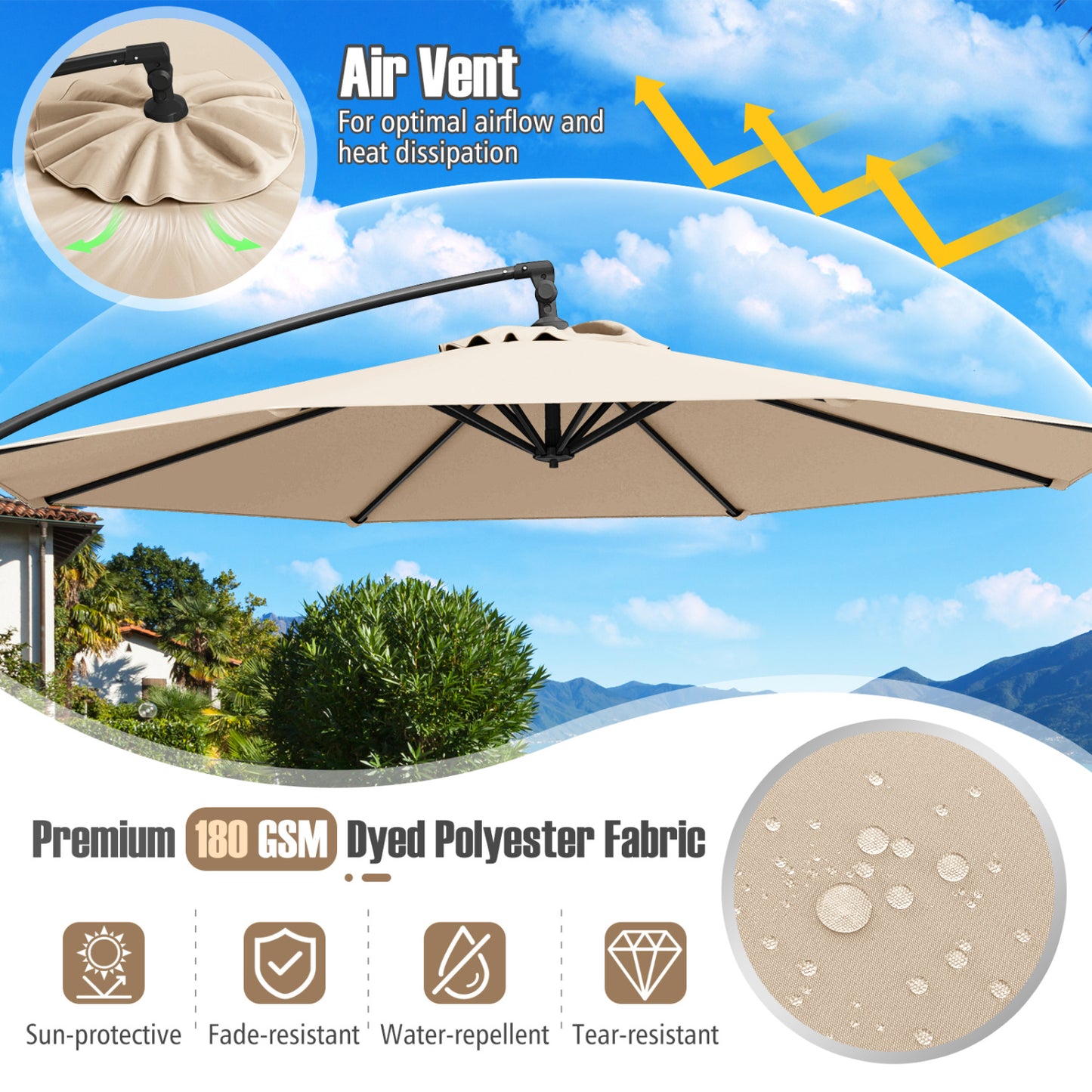 10 Feet Offset Hanging Umbrella, Tilt, Beige Outdoor Umbrellas at Gallery Canada