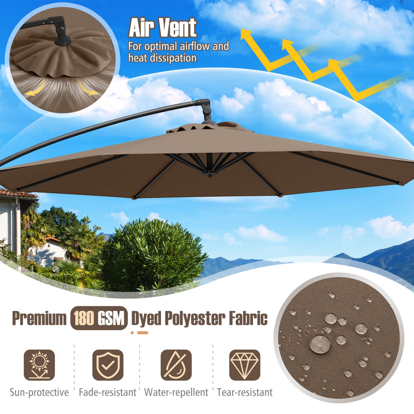 10 Feet Offset Hanging Patio Umbrella With Tilt, Taupe Outdoor Umbrellas at Gallery Canada