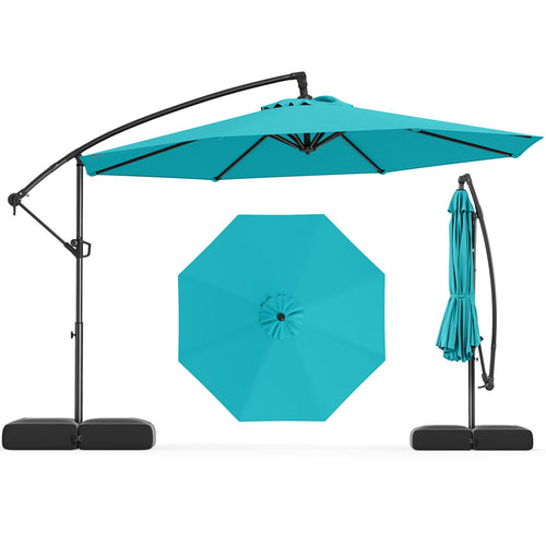 10 Feet Offset Hanging Umbrella With Tilt And Base, Turquoise