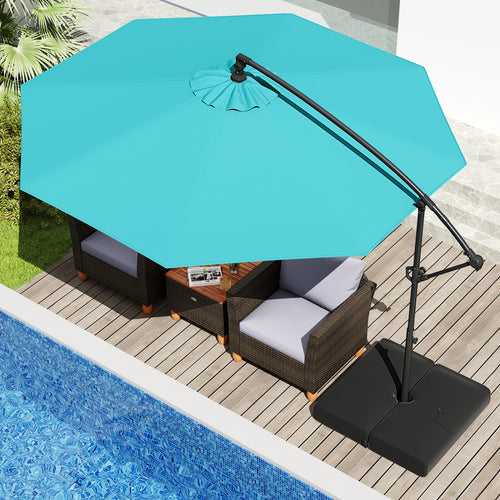 10 Feet Offset Hanging Umbrella With Tilt And Base, Turquoise