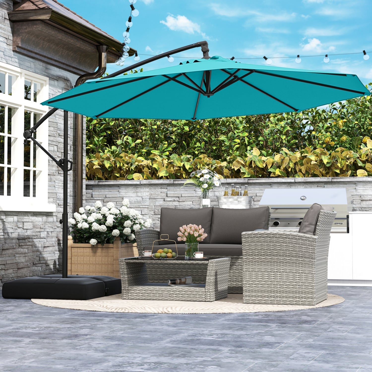 10 Feet Offset Hanging Umbrella With Tilt And Base, Turquoise Outdoor Umbrellas at Gallery Canada