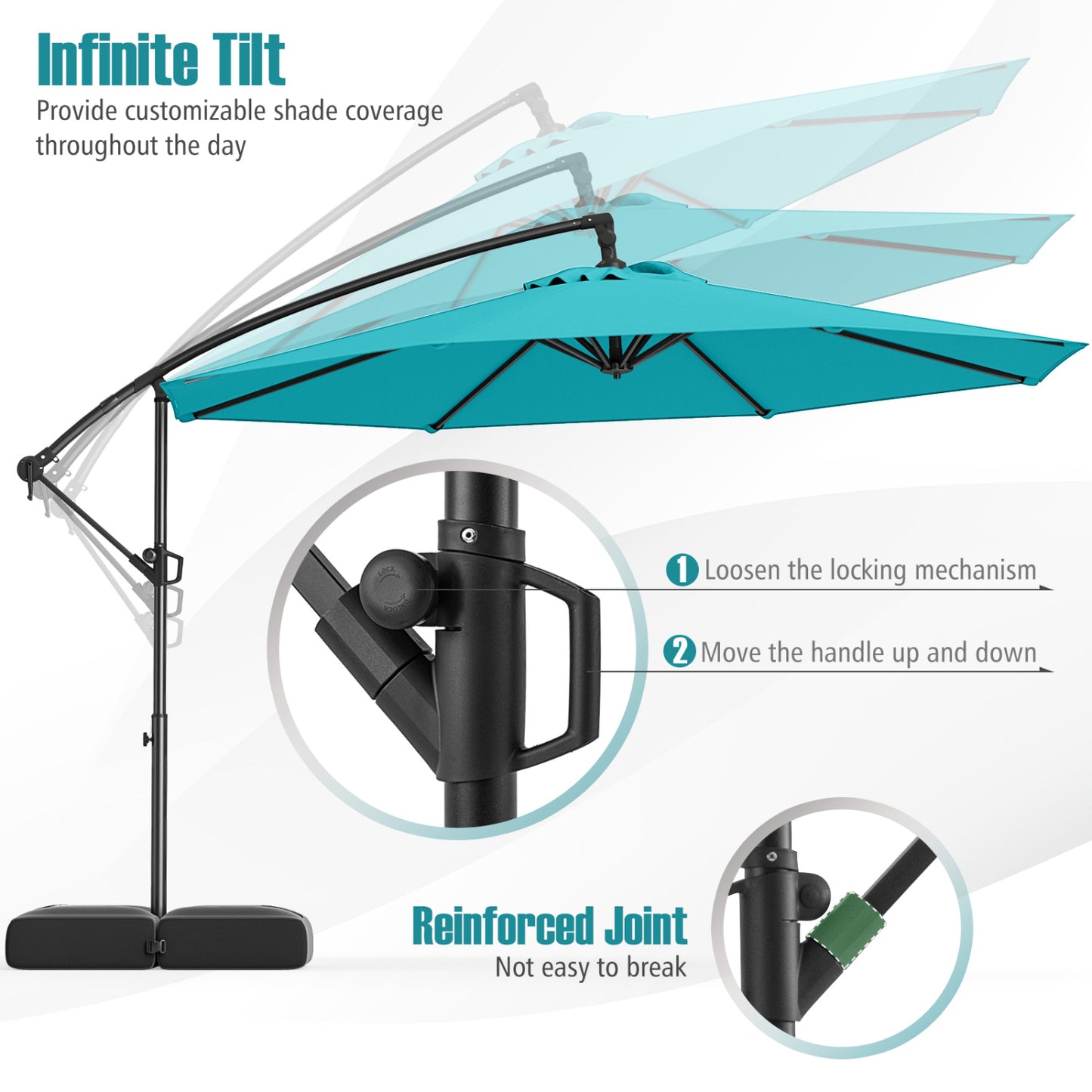 10 Feet Offset Hanging Umbrella With Tilt And Base, Turquoise Outdoor Umbrellas at Gallery Canada