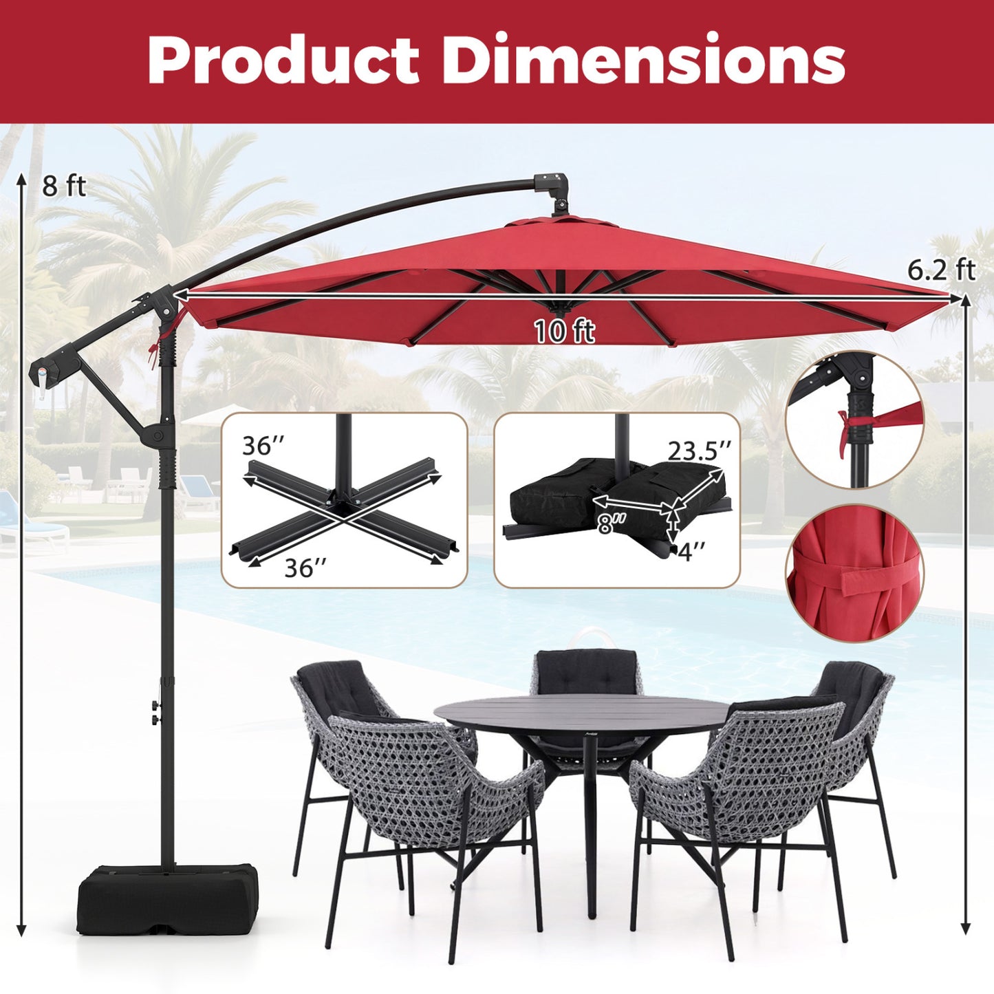 10 Feet Offset Patio Umbrella With Tilt, Red Outdoor Umbrellas at Gallery Canada