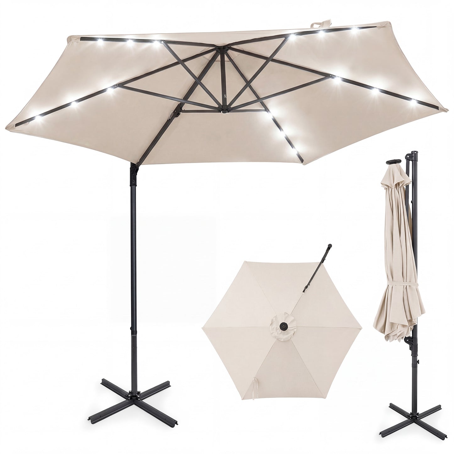 10 Feet Patio Cantilever Umbrella, Solar LED Lights, Beige Outdoor Umbrellas Beige at Gallery Canada