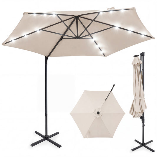 10 Feet Patio Cantilever Umbrella, Solar LED Lights, Beige Outdoor Umbrellas Beige at Gallery Canada