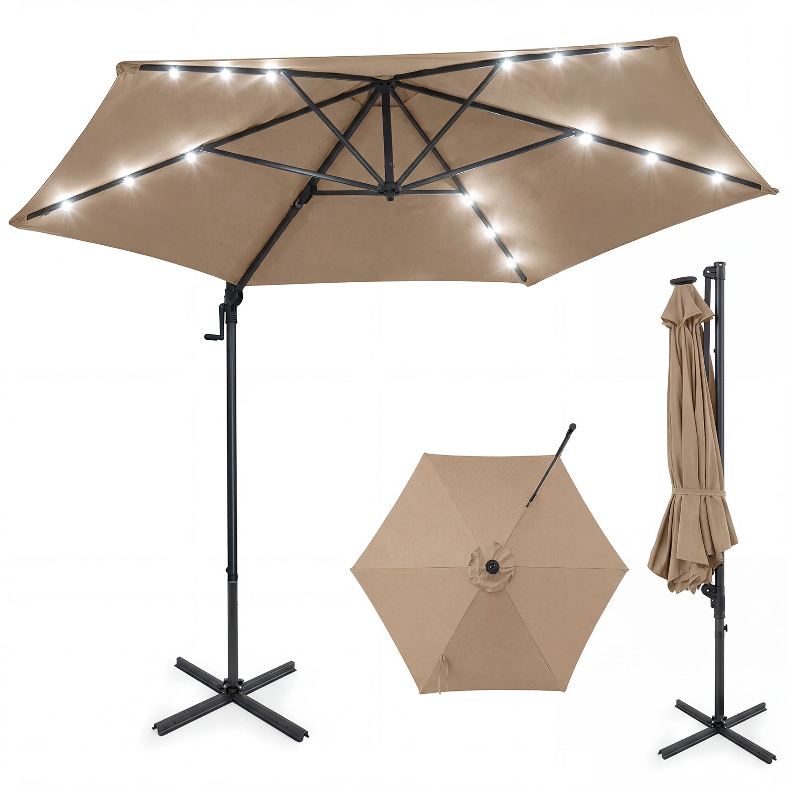 10 Feet Patio Cantilever Umbrella With Solar LED Lights, Tan Outdoor Umbrellas Tan at Gallery Canada