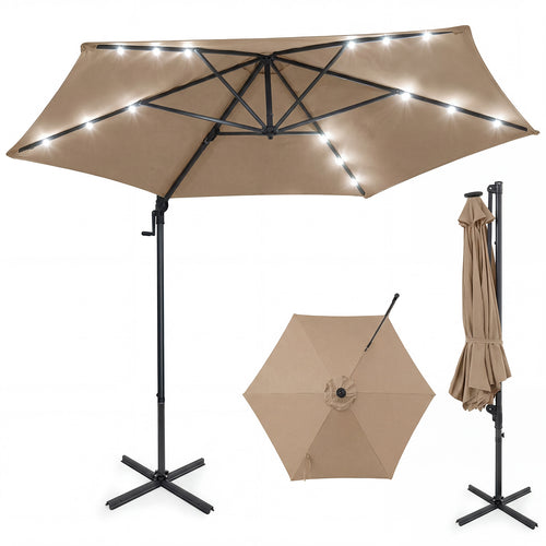 10 Feet Patio Cantilever Umbrella With Solar LED Lights, Tan