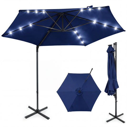 10 Feet Patio Cantilever Umbrella, Solar LED Lights, Navy Outdoor Umbrellas Navy at Gallery Canada