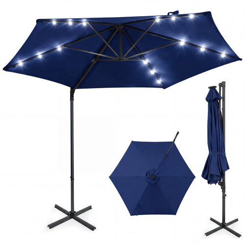 10 Feet Patio Cantilever Umbrella, Solar LED Lights, Navy