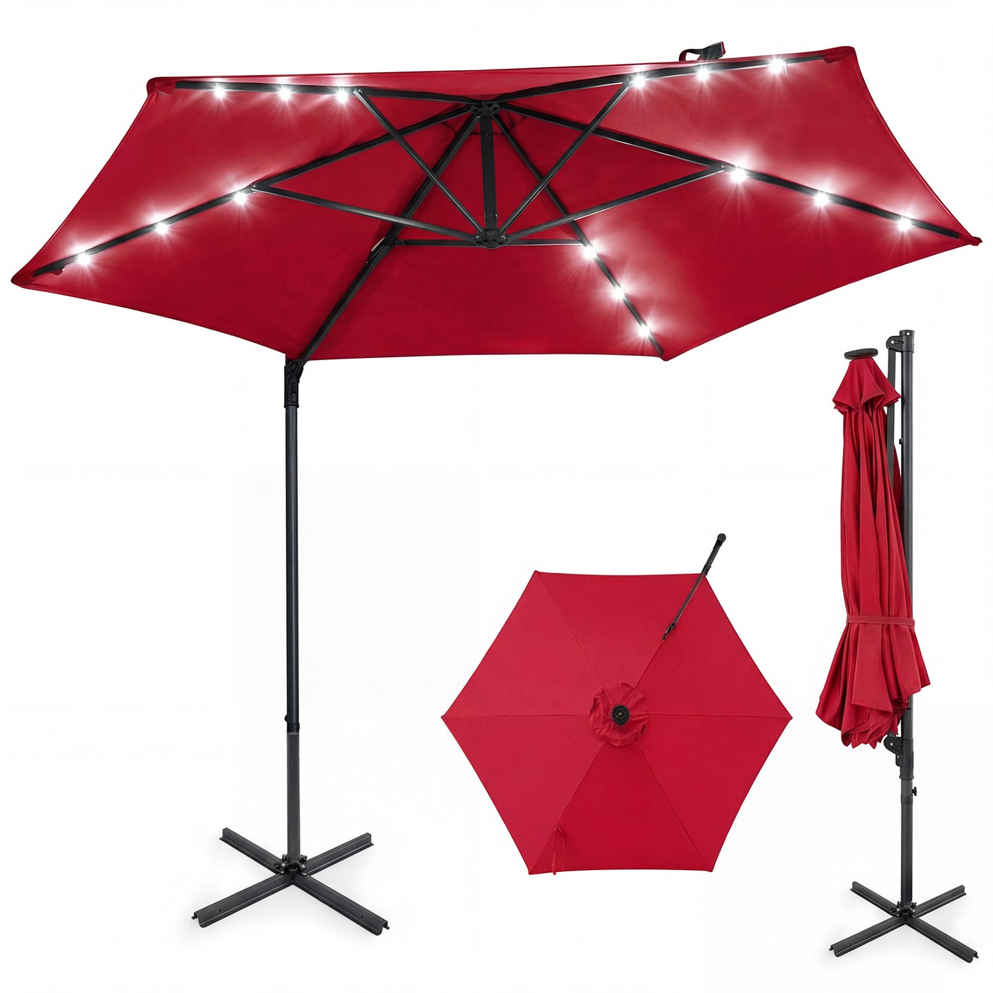 10 Feet Patio Cantilever Umbrella, Solar LED Lights, Wine Outdoor Umbrellas Wine at Gallery Canada
