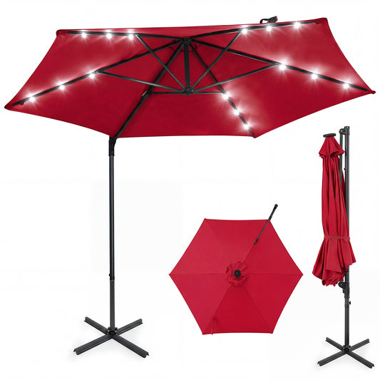 10 Feet Patio Cantilever Umbrella, Solar LED Lights, Wine Outdoor Umbrellas Wine at Gallery Canada
