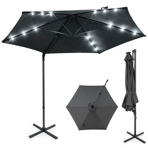 10 Feet Patio Cantilever Umbrella, Solar LED Lights, Gray