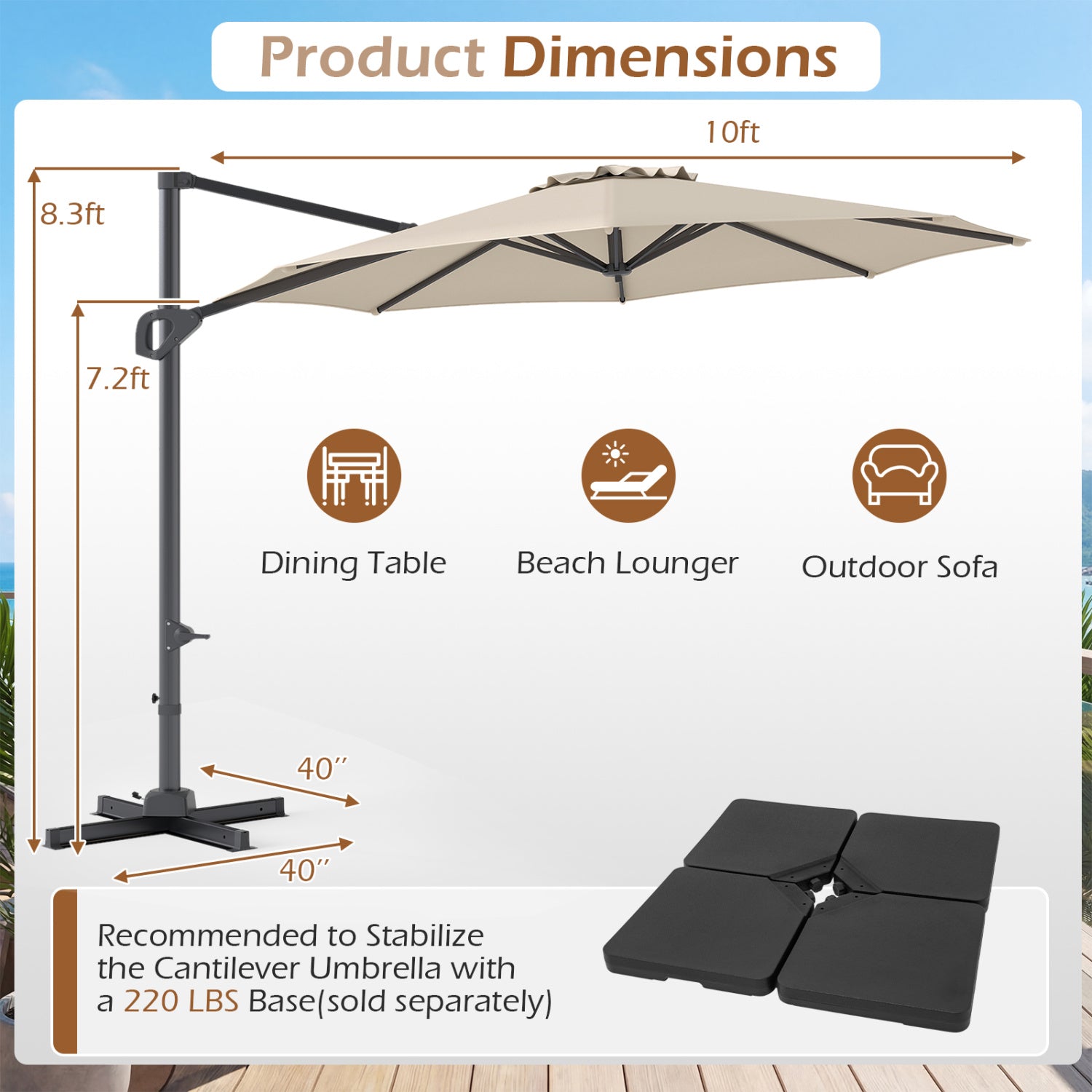 10 Feet Patio Cantilever Umbrella, Easy Tilt Adjustment, Beige Outdoor Umbrellas at Gallery Canada