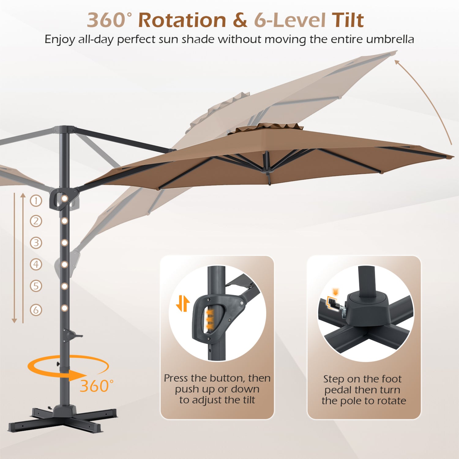 10 Feet Patio Cantilever Umbrella, Easy Tilt Adjustment, Brown Outdoor Umbrellas at Gallery Canada