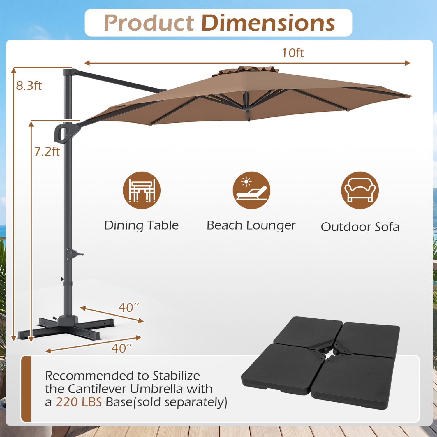 10 Feet Patio Cantilever Umbrella, Easy Tilt Adjustment, Brown Outdoor Umbrellas at Gallery Canada
