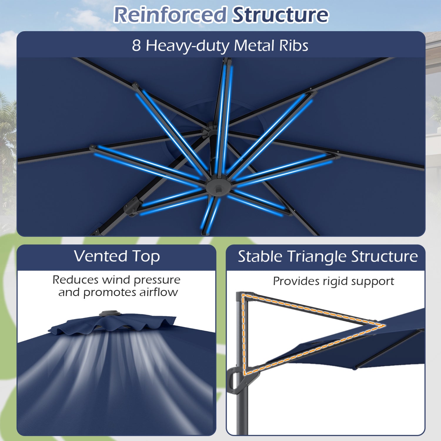 10 Feet Patio Cantilever Umbrella, Easy Tilt Adjustment, Navy Outdoor Umbrellas at Gallery Canada